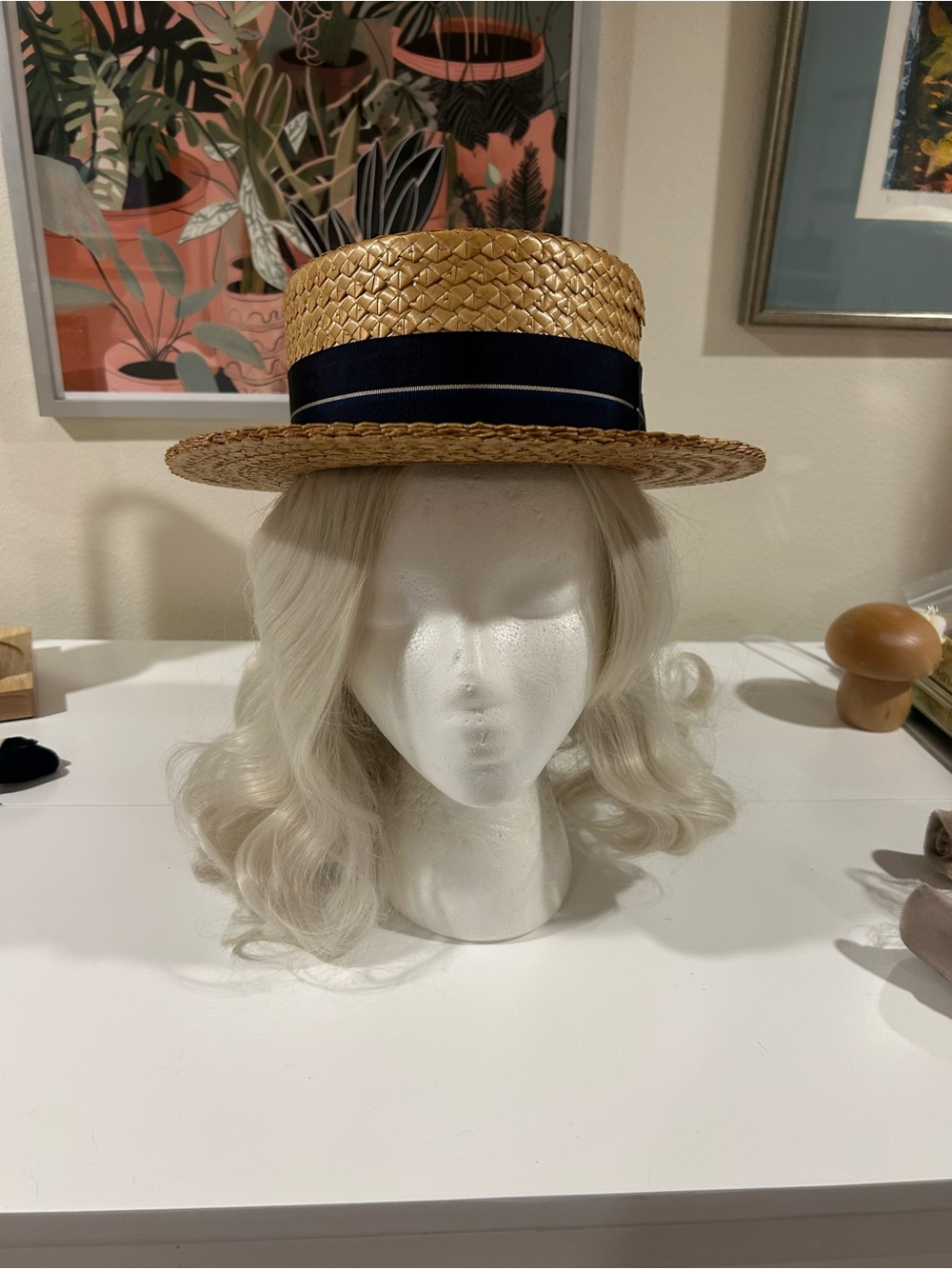 Straw Boater Hat with Navy Ribbon
